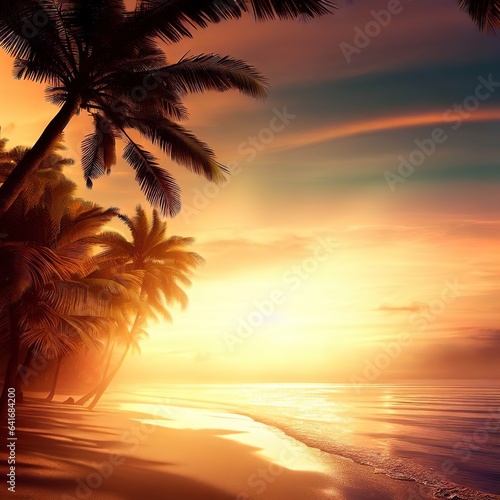 A beach at sunset with palm trees and a sunset in the background