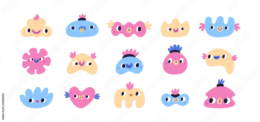Set of various geometric figures and different shapes with face emotions. Hand drawn trendy illustration for education kids. Cute funny characters mascot vector set isolated white background Set of various geometric figures and different shapes with face emotions. Hand drawn trendy illustration for education kids. Cute funny characters mascot vector set isolated white background