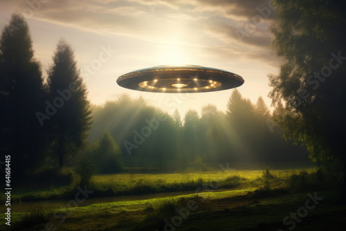 Mystical Dawn Encounter: UFO Above a Serene Clearing