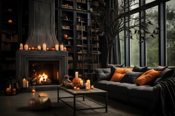 Luxury fireplace interior decorate by halloween theme in living room. Generative AI