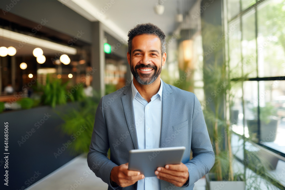 Diverse Public Relations Expert Enjoying Work with Tablet in Office Diverse Public Relations Expert Enjoying Work with Tablet in Office