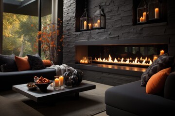 Luxury fireplace interior decorate by halloween theme in living room. Generative AI