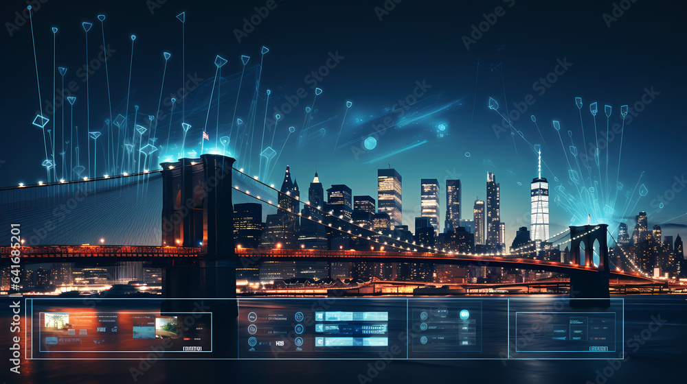 Wireframe digital interface with arrows in night New York city