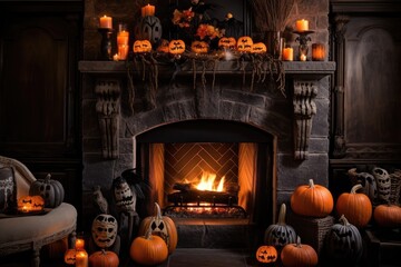 Luxury fireplace interior decorate by halloween theme in living room. Generative AI