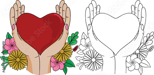 Heart in hands and flowers. World Heart Day.  Hand-drawn lines. Doodles art for greeting cards, invitations, or posters. Coloring book for adults and kids.