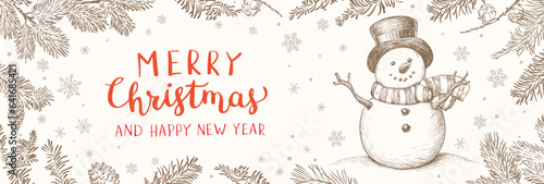 Winter holidays or Christmas background with snowman and snowflakes. Winter horizontal banner design.