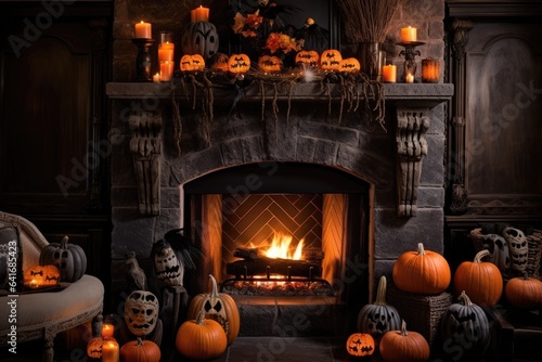 Luxury fireplace interior decorate by halloween theme in living room. Generative AI
