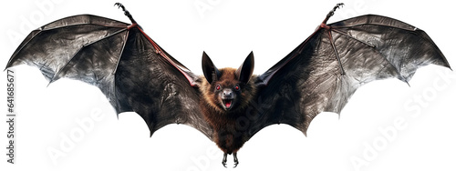 A creepy bat with red eyes in flight. A flutter of wings. Isolated transparent background. Generative Ai	