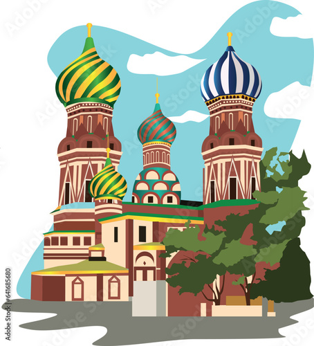 World sights. Travel to Europe—architectural building. The famous Orthodox Church of St. Basil Blessed is a well-known monument of Russian architect. Vector illustration isolated on white background.