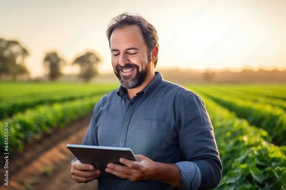 Digital Agro Analysis: Farmer Monitoring Growth and Weather - obrazy, fototapety, plakaty 