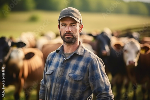 Dedicated Agriculturalist Tending to Cows and Calves in Expansive Pasture