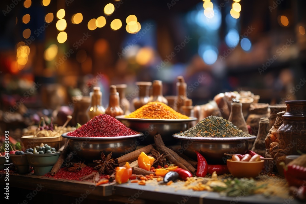 Spice Market, Colorful Indian Spices - Spice Bazaar against a Soft Focus Bokeh Background - AI Generated