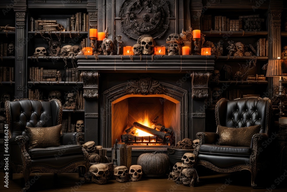 Luxury fireplace interior decorate by halloween theme in living room. Generative AI