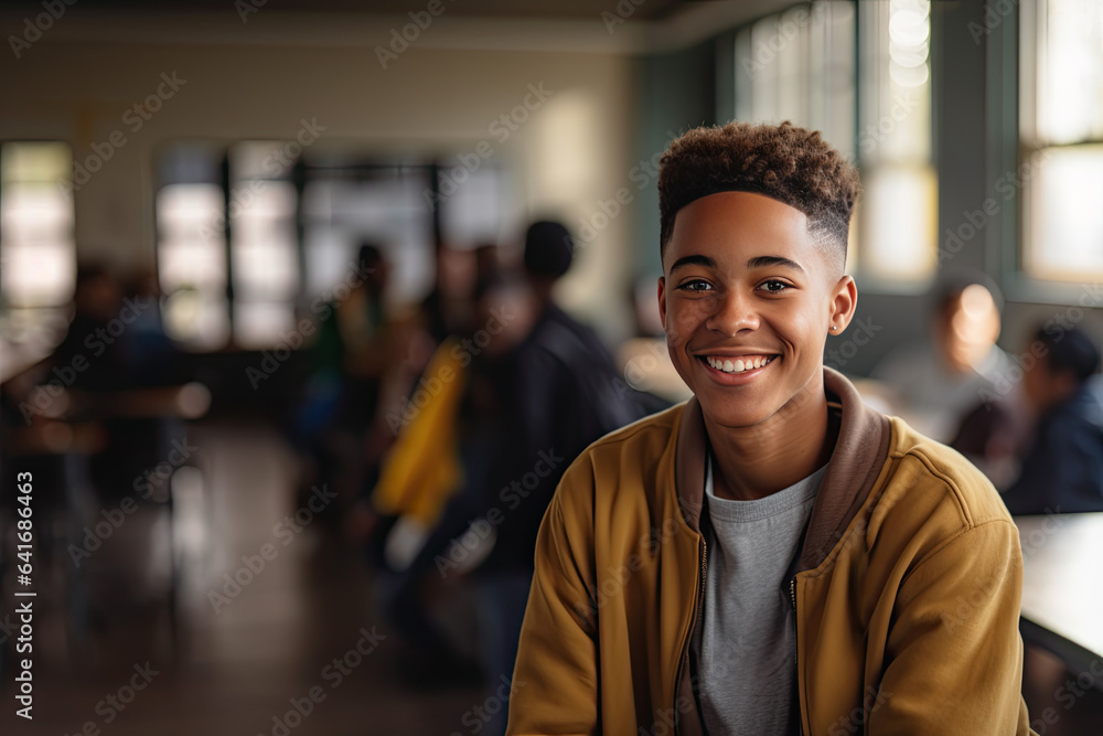 Smiling african american student in classroom of high school Smiling african american student in classroom of high school