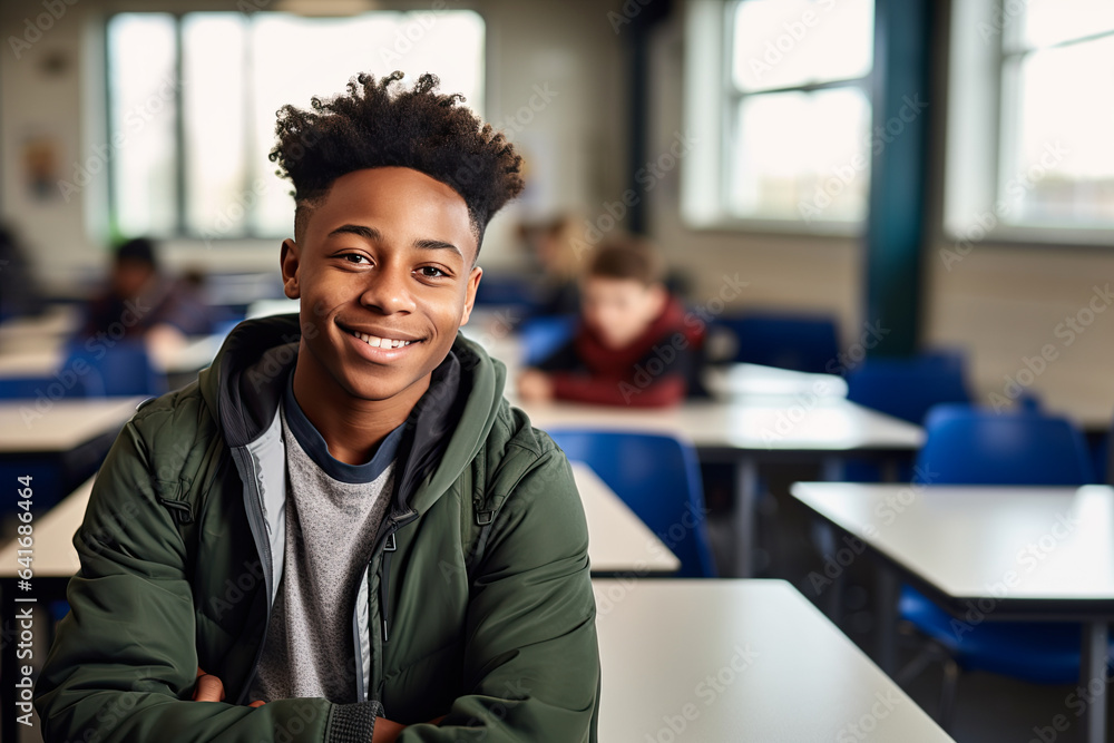 Happy black ethnicity student in classroom of high school Happy black ethnicity student in classroom of high school