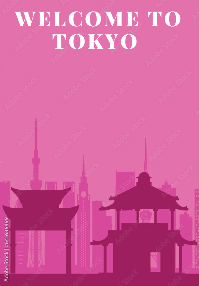Japan, TOKYO tourism web banner, poster, magazine template. Stylish modern illustration. Japanese wording mean 