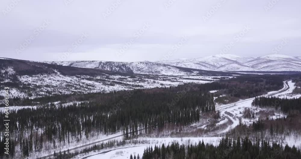 Wide Aerial View of Alaska Wilderness with Road and Cars, Chena Hot Springs Road Wide Aerial View of Alaska Wilderness with Road and Cars, Chena Hot Springs Road