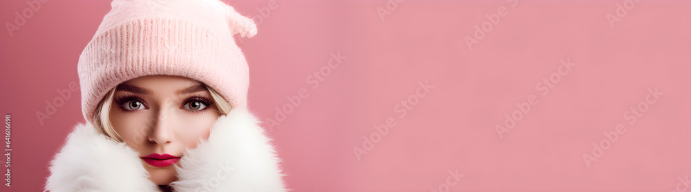 portrait of a lady in a hood winter vibe pink background portrait of a lady in a hood winter vibe pink background