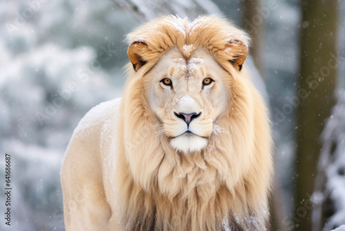 Golden-Furred Lion in a White Forest
