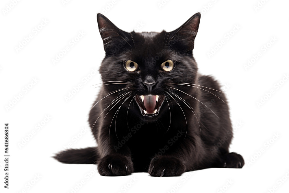 Hissing Black Cat on a Background with Transparency. AI