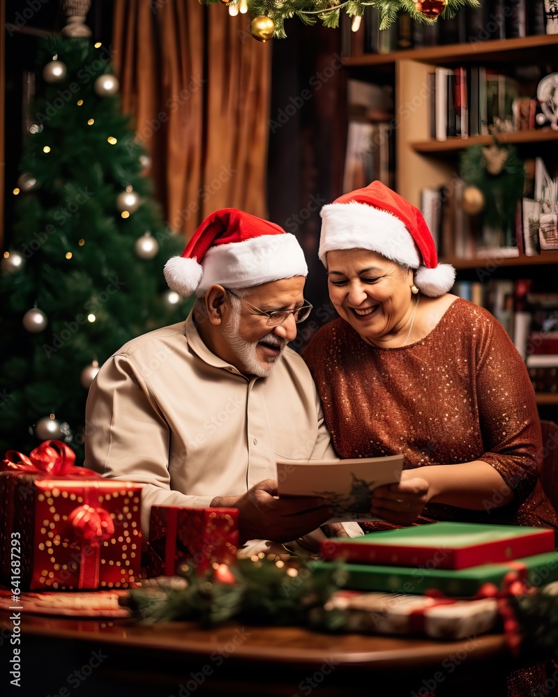 Joyful Senior Arab Couple Celebrating Christmas with Gifts by the Tree. Generative AI Joyful Senior Arab Couple Celebrating Christmas with Gifts by the Tree. Generative AI