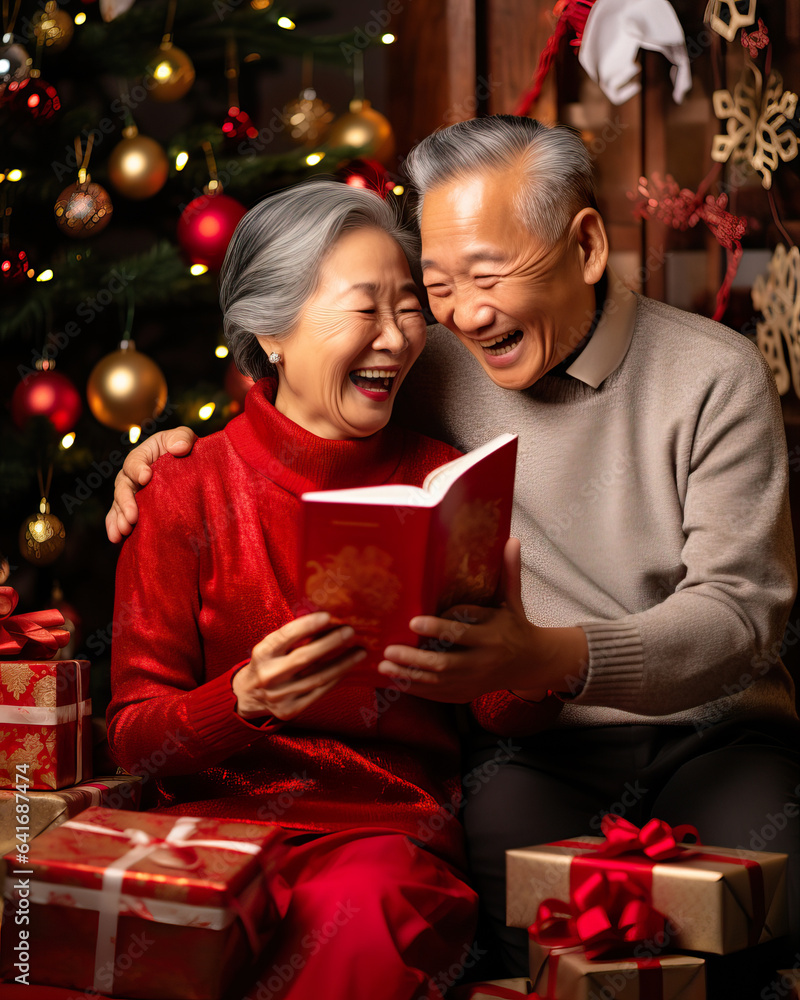 Joyful Senior Asian Couple Celebrating Christmas by the Tree. Generative AI Joyful Senior Asian Couple Celebrating Christmas by the Tree. Generative AI