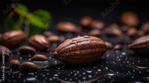 Cocoa beans and coffee beans on a black background with water drops. photo