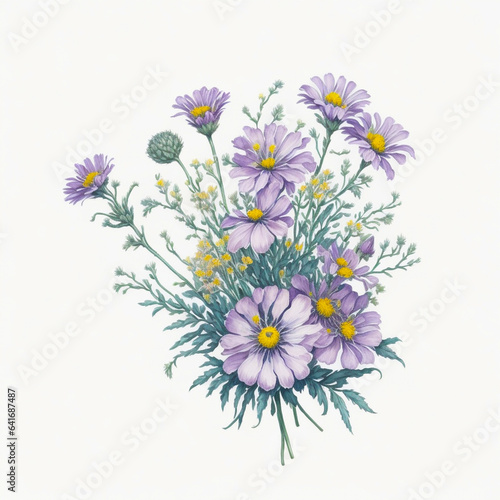 Bouquet with white chamomile flowers (Matricaria chamomilla, kamilla, scented mayweed, whig plant, mother's daisy). Watercolor hand drawn painting illustration, created with AI Generative technology