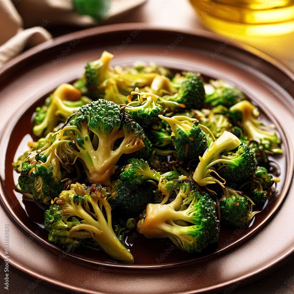 Roasted fresh broccoli sprouts in oil on a plate on the table vertical view Roasted fresh broccoli sprouts in oil on a plate on the table vertical view