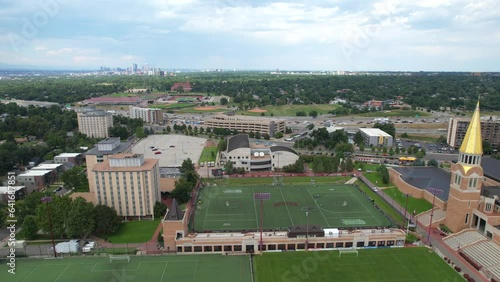 Aerial Drone Video of  Sports Field and Student Housing at the University of Denver American college campus. Denver, Colorado,USA photo