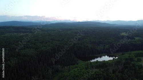 Drone flying over a moody forest at sunset with the Rocky Mountains in the background in Canada. photo