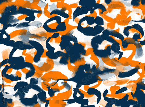 orange and deep blue spray effects for camo print, Abstract grunge seamless pattern. Urban art texture with paint splashes, chaotic spots, stains, checkered grid. Dirty graffiti vector background. 