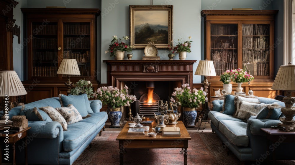 Fototapeta premium Cozy English living room with a fireplace