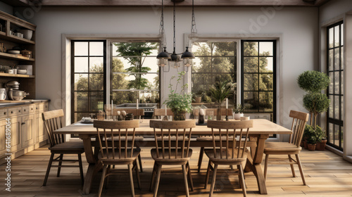 Dining room with old chairs, chest of drawers, rustic decor