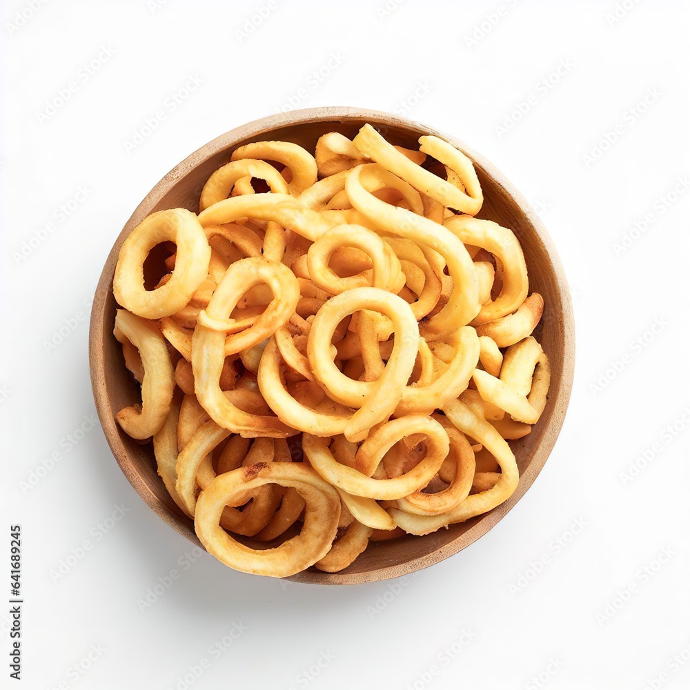 Flat lay of ring fries in bowl with copy space on white background Flat lay of ring fries in bowl with copy space on white background