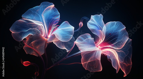 Abstract two iris flowers, black background, light cyan and light crimson, dreamlike installations, intricate patterns, delicate lines, soft-focus, enigmatic tropics