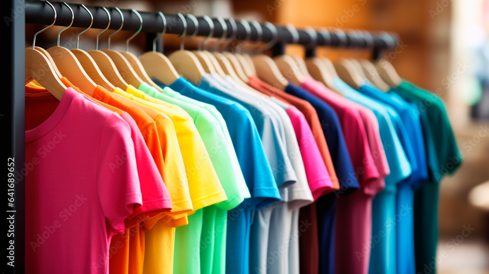 plain t-shirts of different colors hang on a hanger