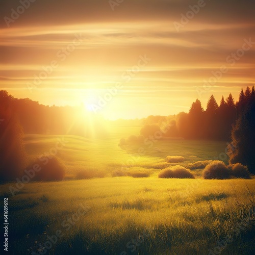 Tranquil sunset over rural meadow and forest