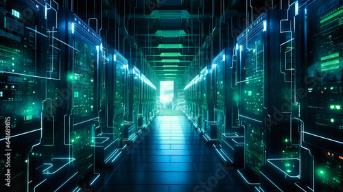 Rows of humming servers in a dimly lit room, with shimmering trails of information flowing in and out
