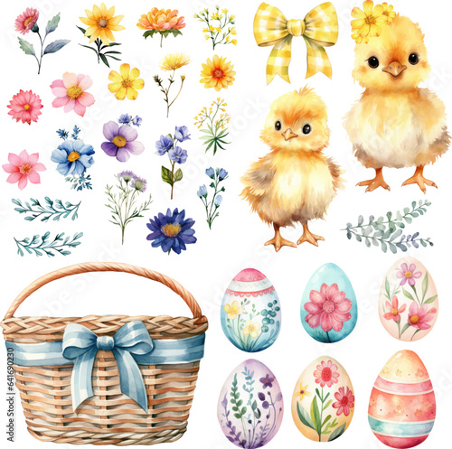 Print op canvas easter eggs and chickens and flowers element watercolor vector illustration