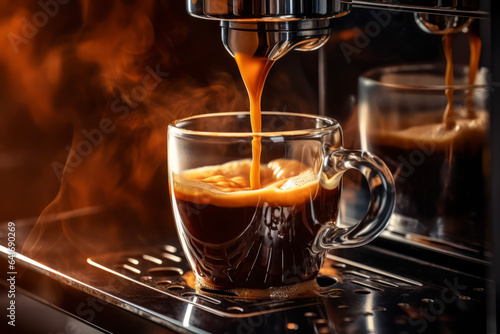 Close-up of espresso pouring from a coffee machine. Lifestyle concept suitable for drinks and rest.