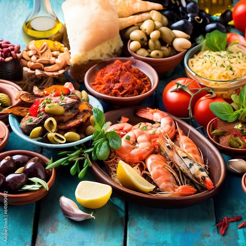 Mediterranean food on a blue wooden rustic background