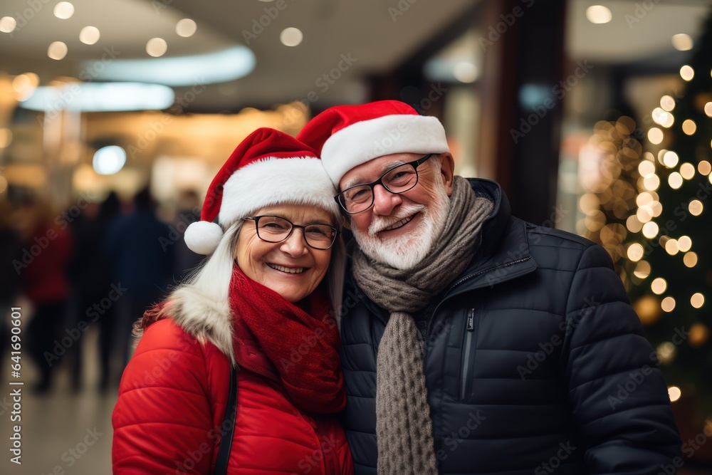 Loving Scandinavian middle aged couple on a Christmas eve in mall. They are standing and smiling next the christmas tree in mall. Christmas sales concept. Couple in Santa hats in a mall.