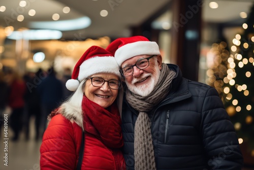 Loving Scandinavian middle aged couple on a Christmas eve in mall. They are standing and smiling next the christmas tree in mall. Christmas sales concept. Couple in Santa hats in a mall.