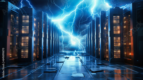 Electric bolts emanating from a server hub, illustrating the palpable energy produced by intense data processing and computations