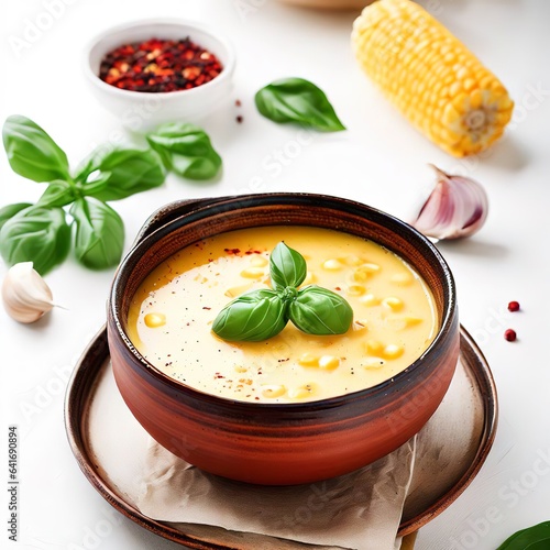 Homemade corn creame soup with spices and basil in a bowl on the white table vertical view