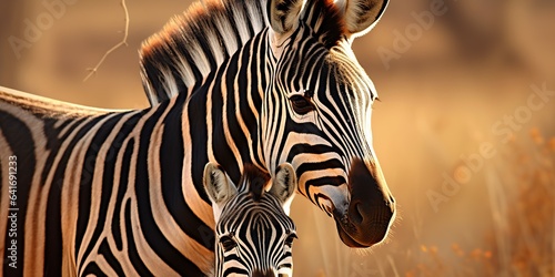 AI image. Zebra on the African savanna. Safari in Serengeti  Tanzania  African zebras at beautiful orange sunset