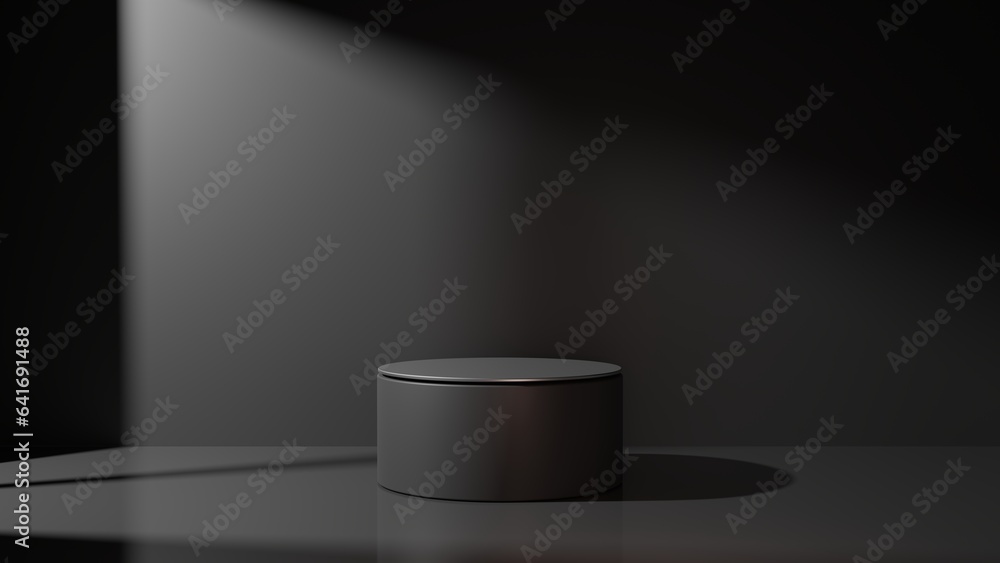 Black empty podium or pedestal for product presentation, showcase of beauty and cosmetics product. Round mockup platform on black background. 3d rendering Black empty podium or pedestal for product presentation, showcase of beauty and cosmetics product. Round mockup platform on black background. 3d rendering