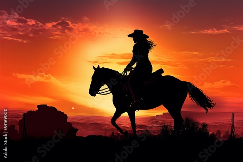 Silhouette of a cowgirl riding a horse equestrian illustration wallpaper © Ali