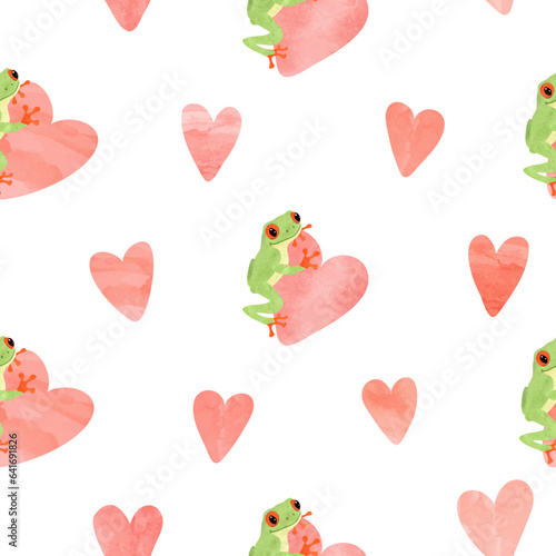Cute tree frogs and watercolor hearts seamless pattern. Vector love background